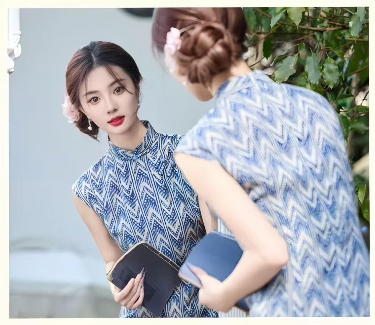 Women's Blue Floral Qipao Cheongsam Dress – Geometric Fitted – additional product view