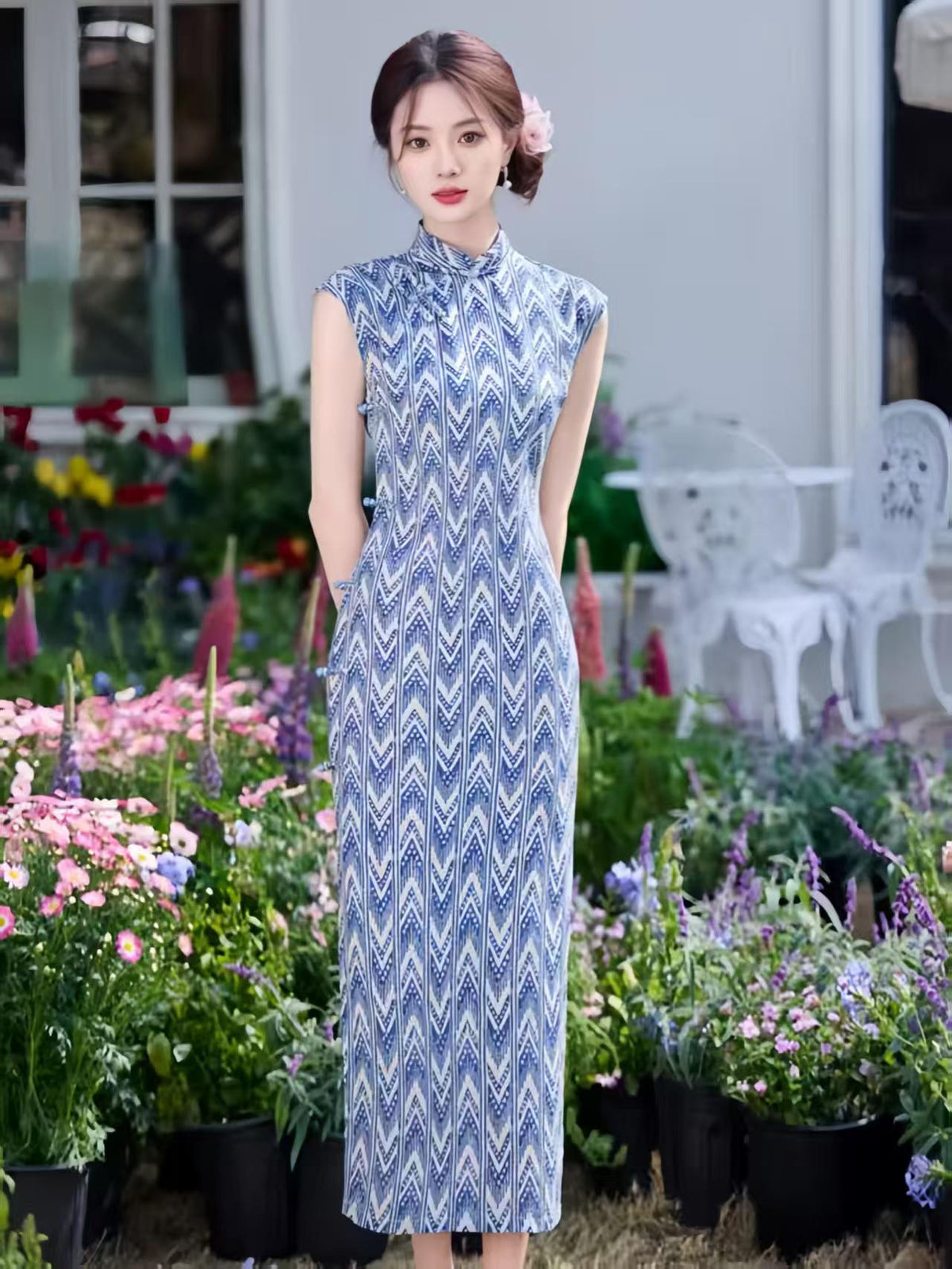 Women's Blue Floral Qipao Cheongsam Dress – Geometric Fitted – additional product view
