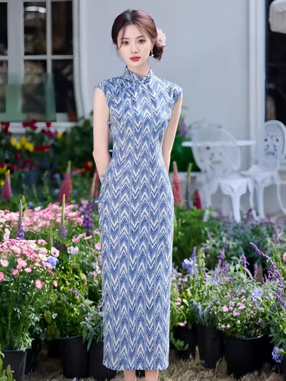 Women's Blue Floral Qipao Cheongsam Dress – Geometric Fitted – additional product view