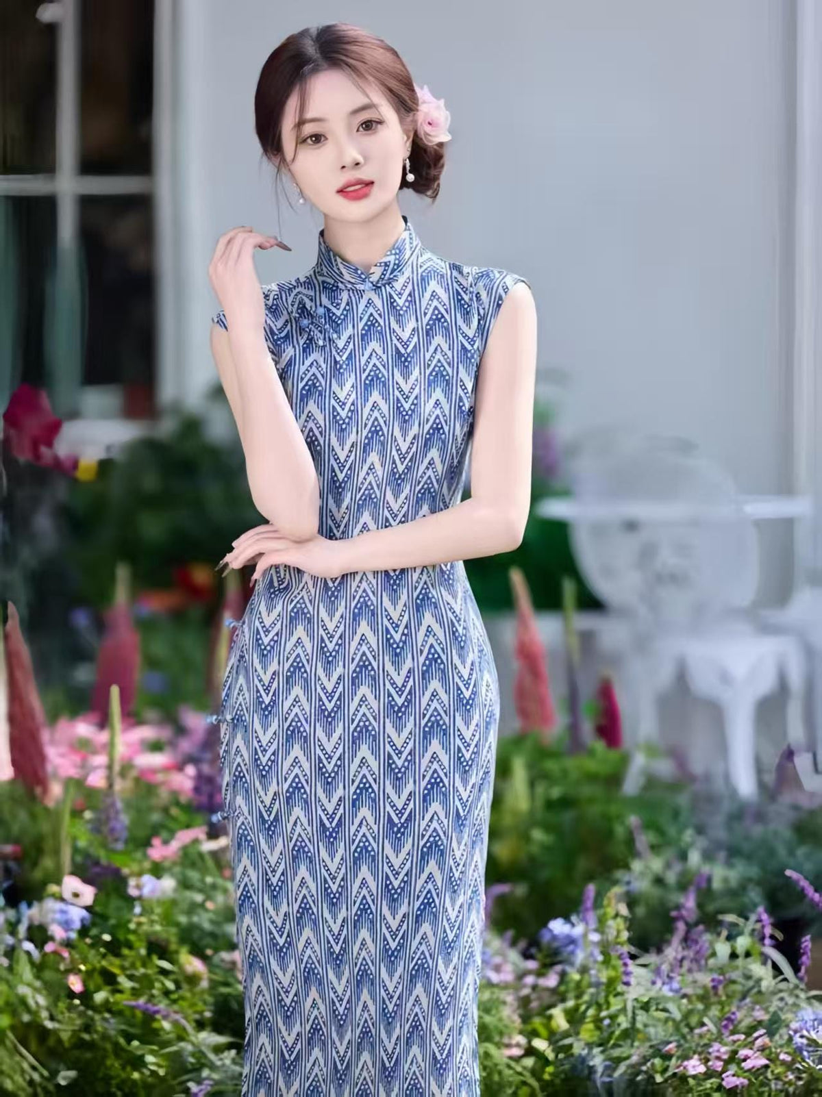 Women's Blue Floral Qipao Cheongsam Dress – Geometric Fitted – additional product view