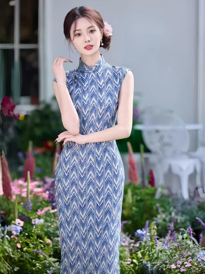 Women's Blue Floral Qipao Cheongsam Dress – Geometric Fitted – additional product view