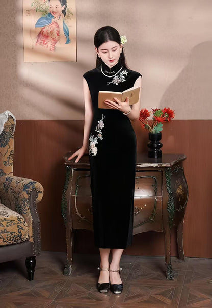 Women's Black Vintage Velvet Qipao Cheongsam Dress – additional product view
