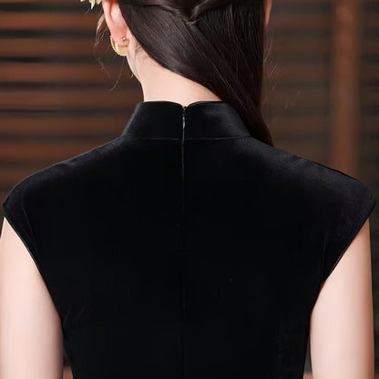 Women's Black Vintage Velvet Qipao Cheongsam Dress – additional product view