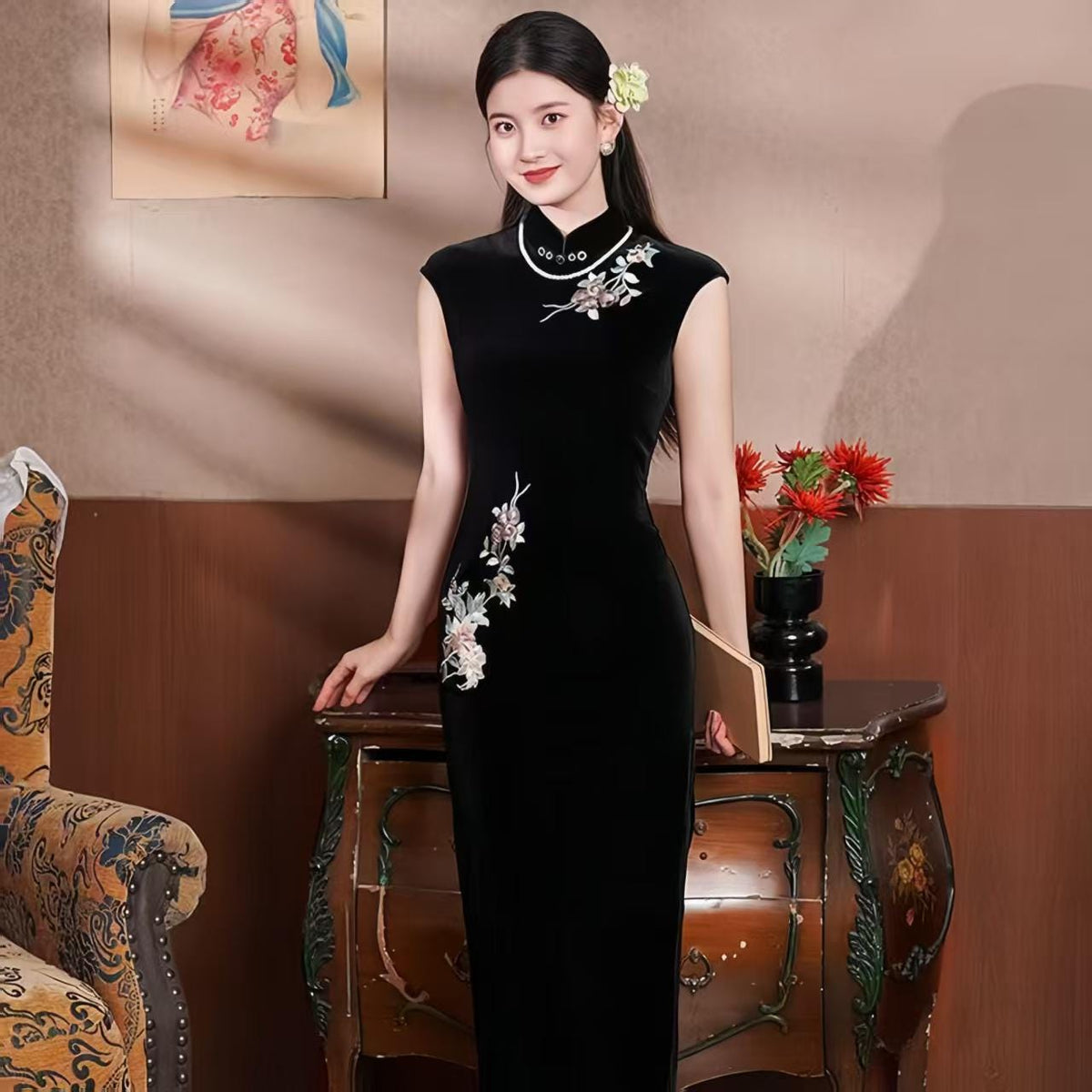 Women's Black Vintage Velvet Qipao Cheongsam Dress – additional product view