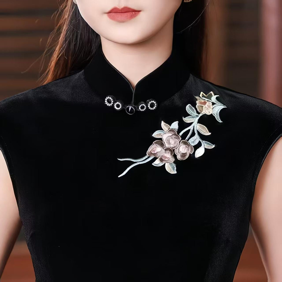 Women's Black Vintage Velvet Qipao Cheongsam Dress – additional product view