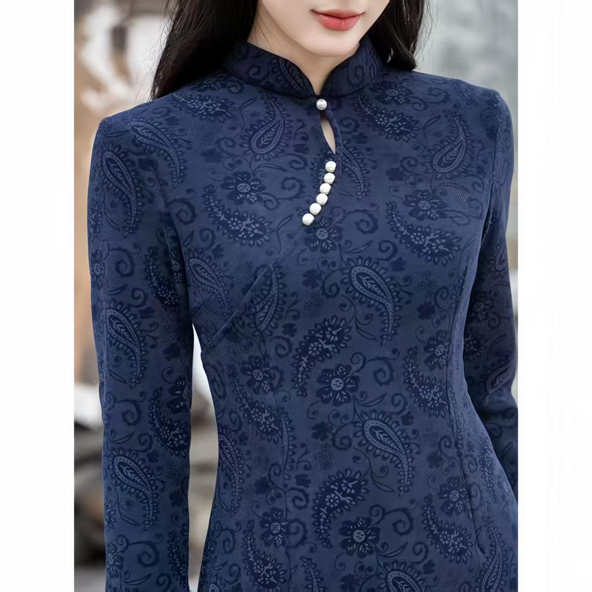 Women's Blue Vintage Velvet Qipao Cheongsam Dress – Fitted – additional product view