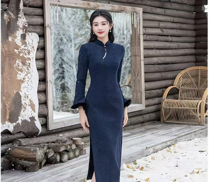 Women's Blue Vintage Velvet Qipao Cheongsam Dress – Fitted – additional product view
