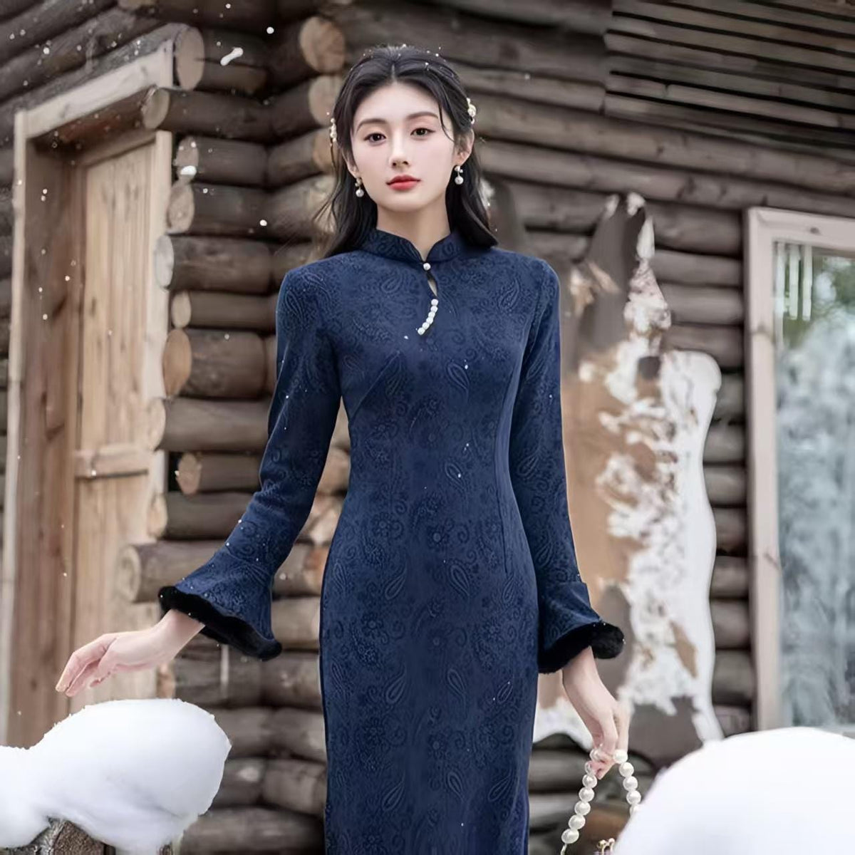 Women's Blue Vintage Velvet Qipao Cheongsam Dress – Fitted