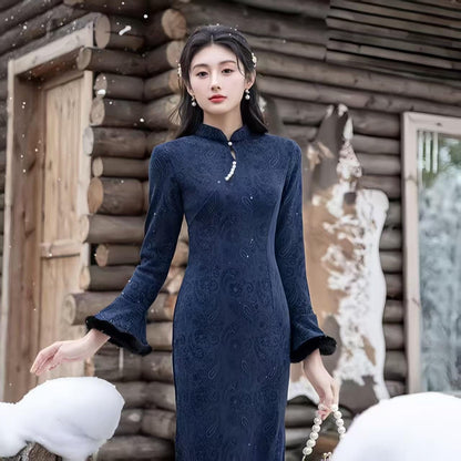 Women's Blue Vintage Velvet Qipao Cheongsam Dress – Fitted