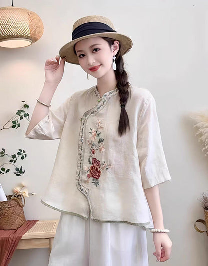 Women's Floral Qipao Cheongsam Dress – Linen Floral Embroidery – additional product view