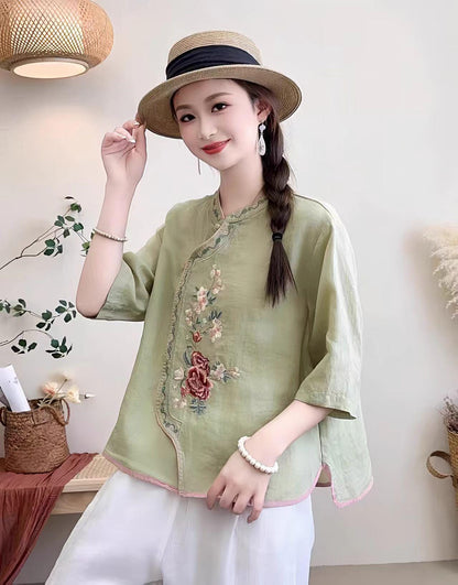 Women's Floral Qipao Cheongsam Dress – Linen Floral Embroidery – additional product view