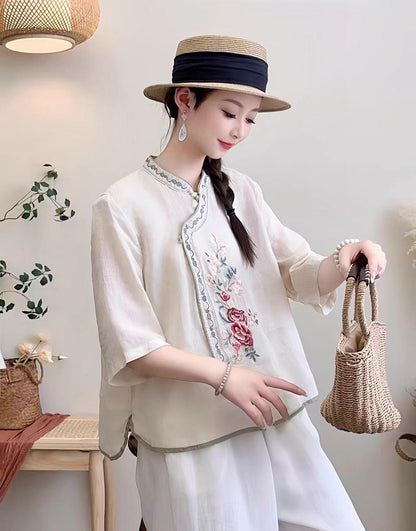 Women's Floral Qipao Cheongsam Dress – Linen Floral Embroidery – additional product view