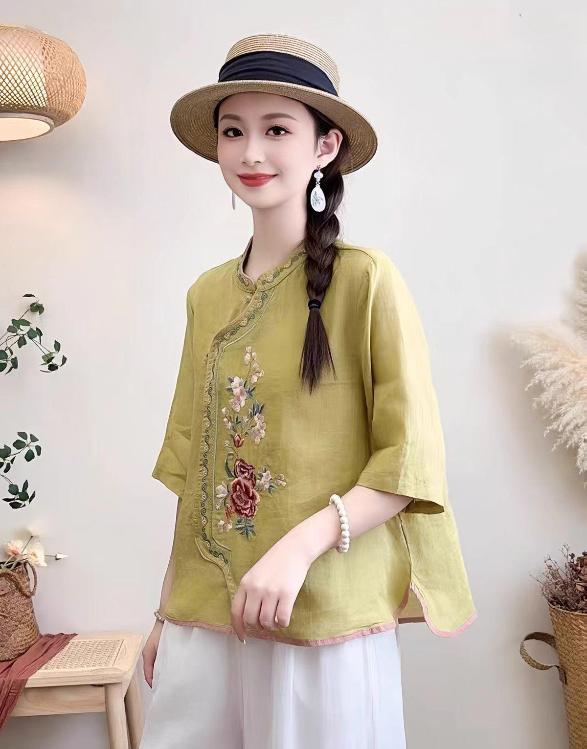 Women's Floral Qipao Cheongsam Dress – Linen Floral Embroidery – additional product view