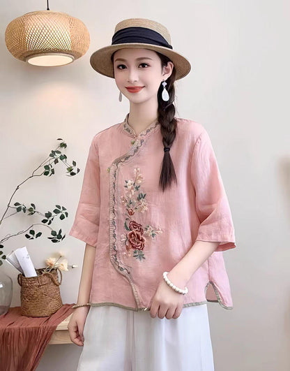 Women's Floral Qipao Cheongsam Dress – Linen Floral Embroidery