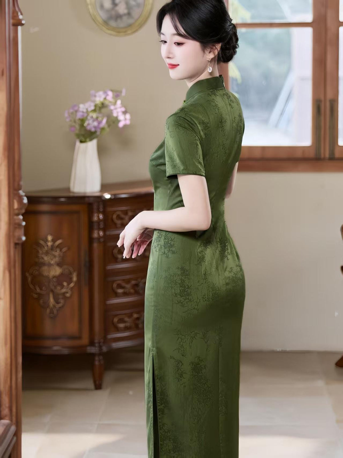 Women's Green Jacquard Qipao Cheongsam Dress – Fitted – additional product view