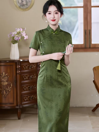 Women's Green Jacquard Qipao Cheongsam Dress – Fitted – additional product view