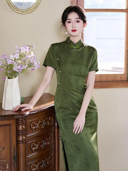 Women's Green Jacquard Qipao Cheongsam Dress – Fitted – additional product view