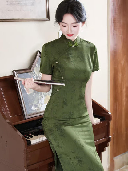 Women's Green Jacquard Qipao Cheongsam Dress – Fitted – additional product view