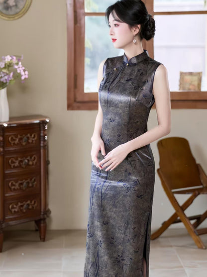 Women's Vintage Satin Qipao Cheongsam Dress – Gray Maxi Fitted – additional product view