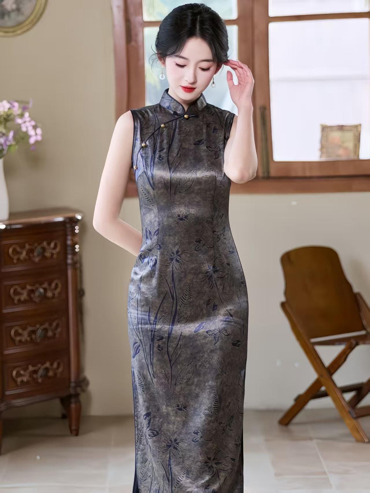 Women's Vintage Satin Qipao Cheongsam Dress – Gray Maxi Fitted – additional product view
