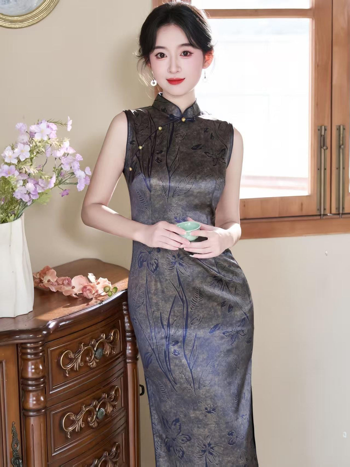 Women's Vintage Satin Qipao Cheongsam Dress – Gray Maxi Fitted – additional product view