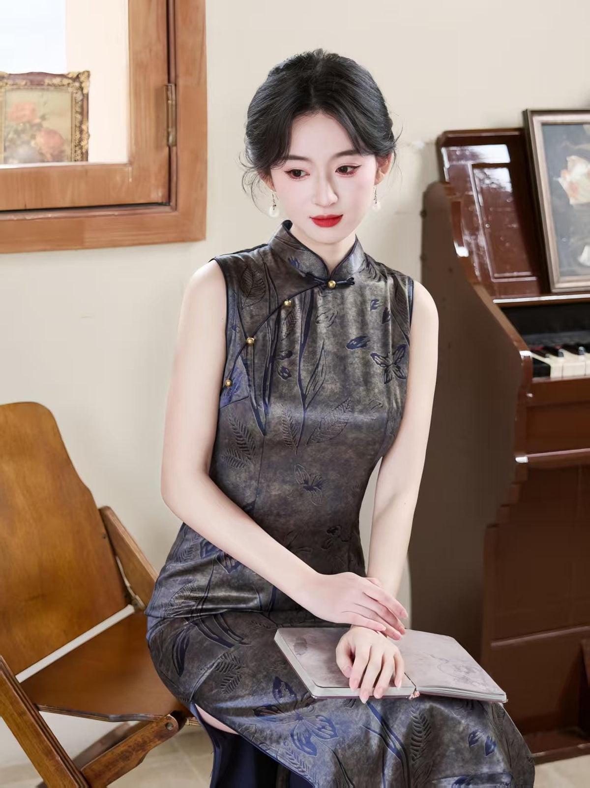 Women's Vintage Satin Qipao Cheongsam Dress – Gray Maxi Fitted – additional product view