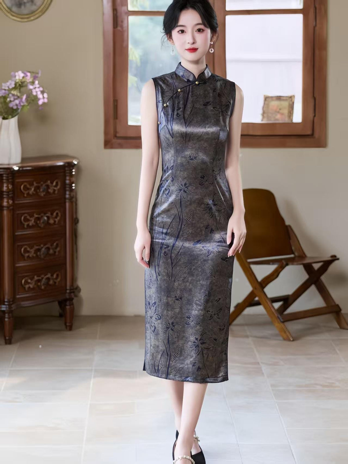 Women's Vintage Satin Qipao Cheongsam Dress – Gray Maxi Fitted – additional product view