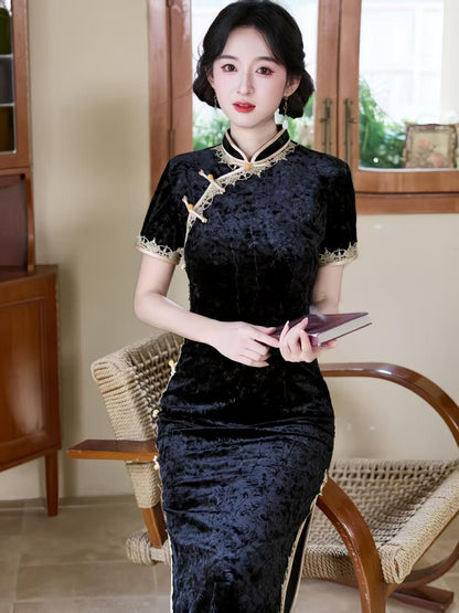Women's Black Elegant Velvet Qipao Cheongsam Dress – Printed Fitted – additional product view