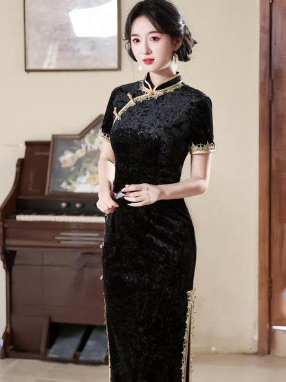 Women's Black Elegant Velvet Qipao Cheongsam Dress – Printed Fitted – additional product view