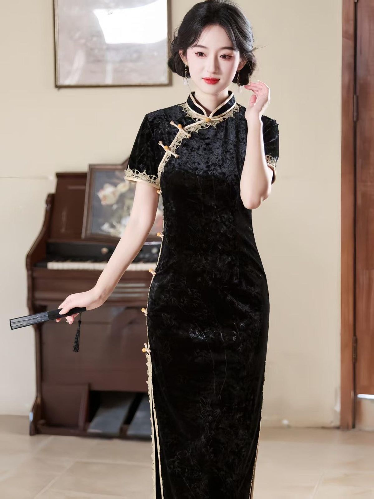 Women's Black Elegant Velvet Qipao Cheongsam Dress – Printed Fitted – additional product view