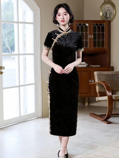 Women's Black Elegant Velvet Qipao Cheongsam Dress – Printed Fitted – additional product view