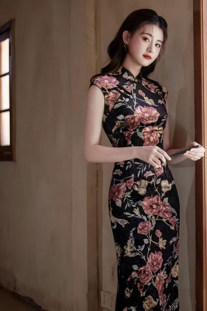 Women's Black Floral Velvet Qipao Cheongsam Dress – additional product view