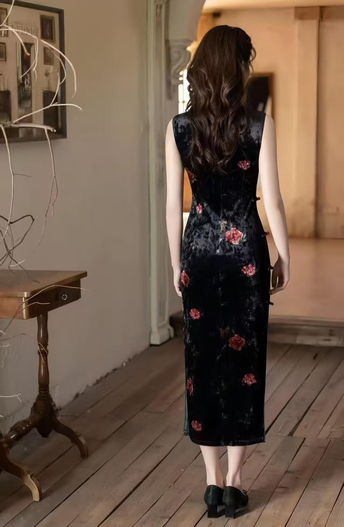 Women's Pink Vintage Velvet Qipao Cheongsam Dress – additional product view