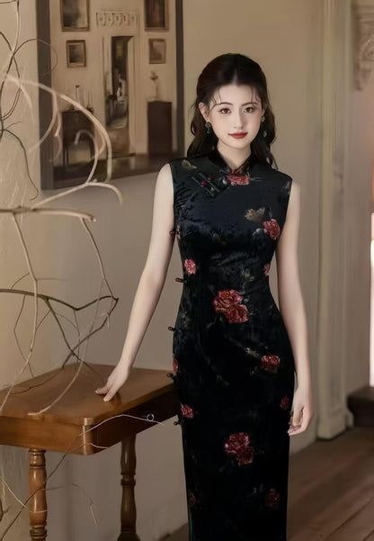 Women's Pink Vintage Velvet Qipao Cheongsam Dress