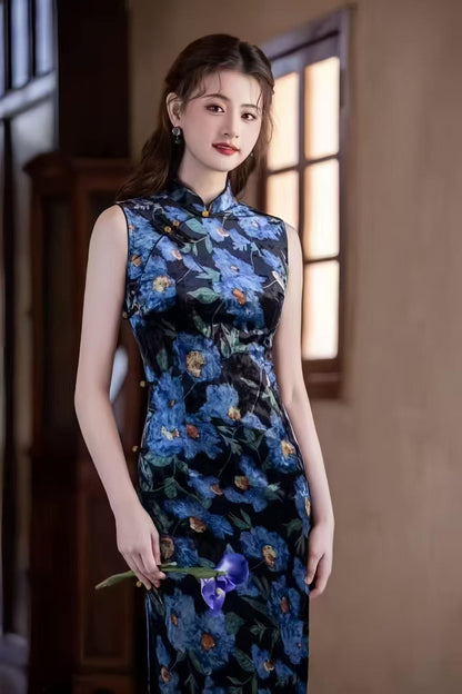 Women's Blue Floral Velvet Qipao Cheongsam Dress – Maxi Fitted – additional product view