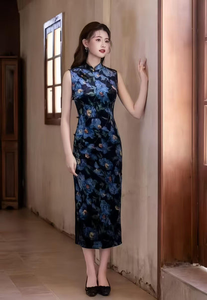 Women's Blue Floral Velvet Qipao Cheongsam Dress – Maxi Fitted – additional product view