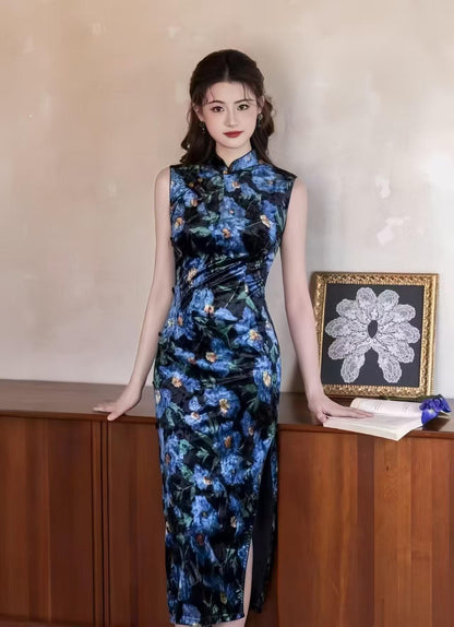 Women's Blue Floral Velvet Qipao Cheongsam Dress – Maxi Fitted