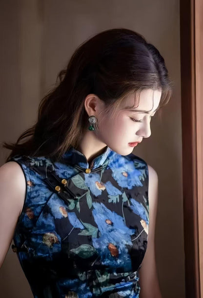 Women's Blue Floral Velvet Qipao Cheongsam Dress – Maxi Fitted – additional product view