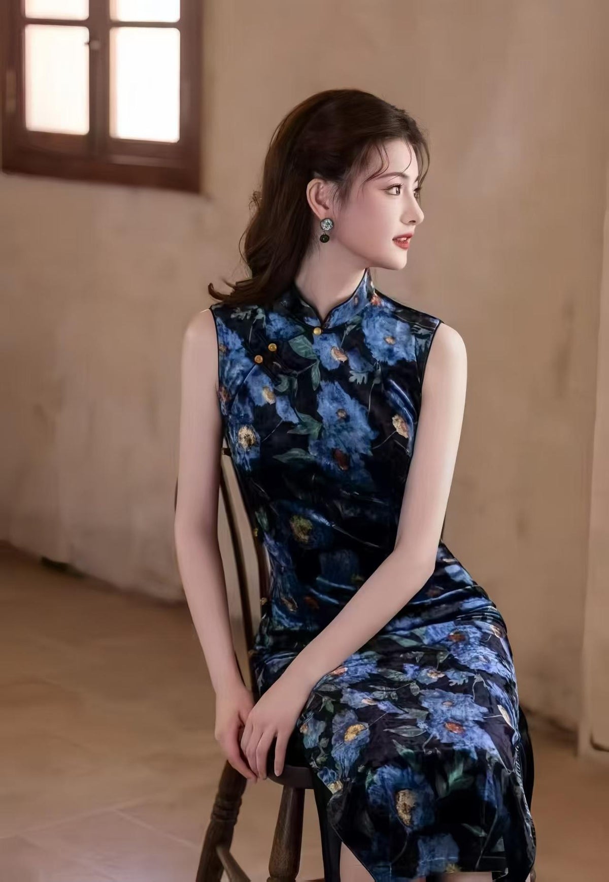 Women's Blue Floral Velvet Qipao Cheongsam Dress – Maxi Fitted – additional product view