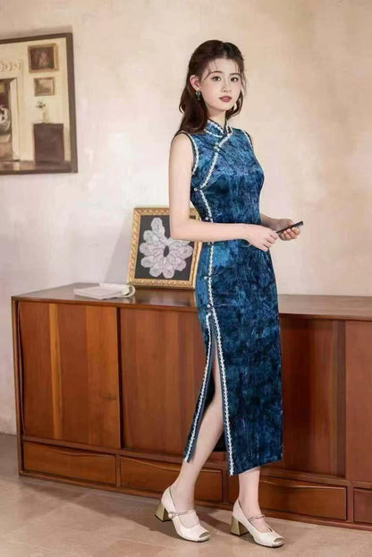Women's Blue Elegant Velvet Qipao Cheongsam Dress – additional product view