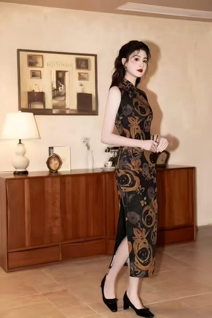 Women's Black Floral Qipao Cheongsam Dress – additional product view
