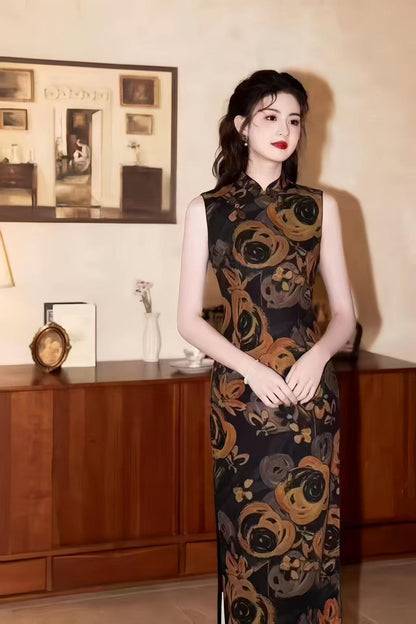 Women's Black Floral Qipao Cheongsam Dress – additional product view