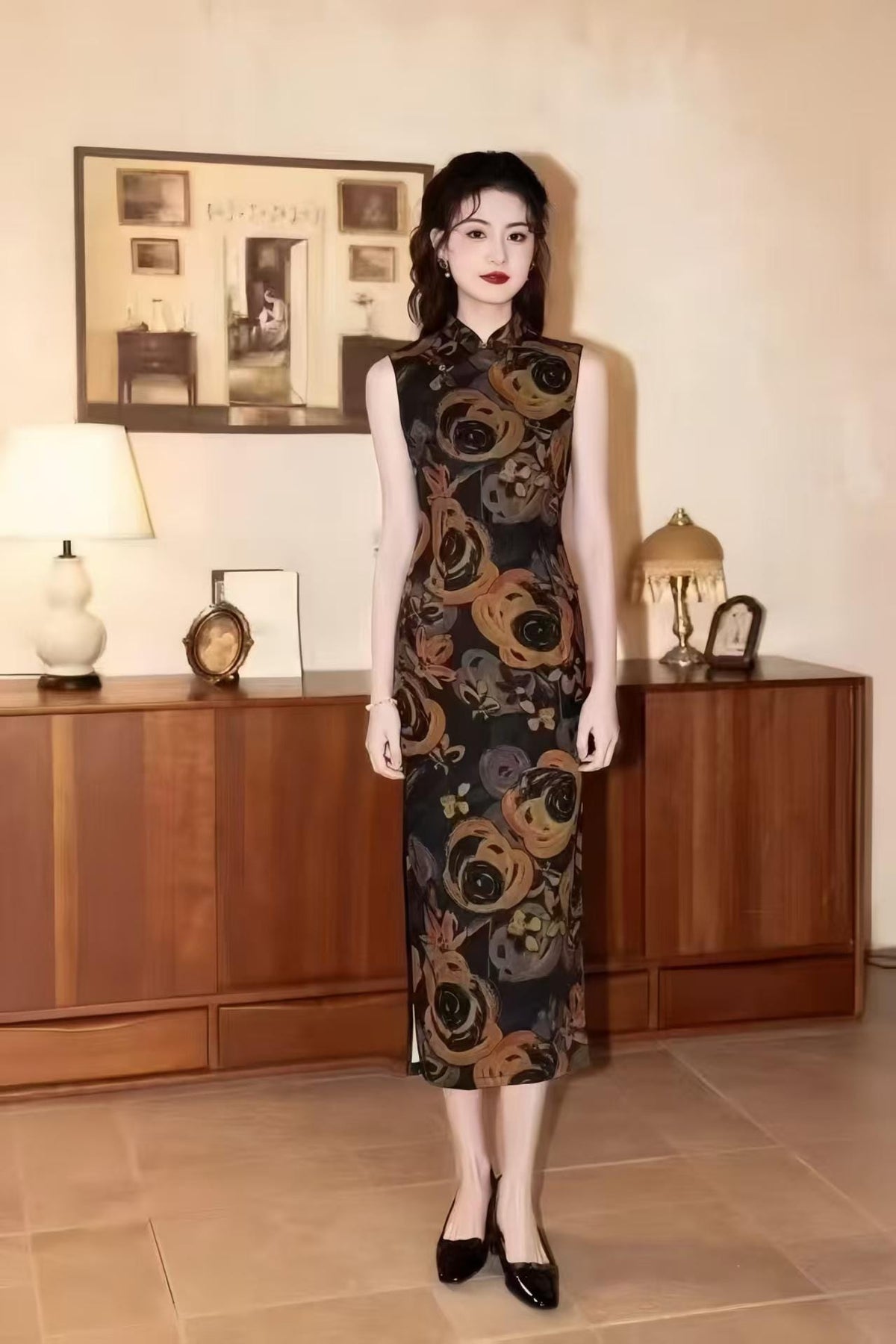 Women's Black Floral Qipao Cheongsam Dress – additional product view
