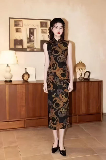 Women's Black Floral Qipao Cheongsam Dress – additional product view
