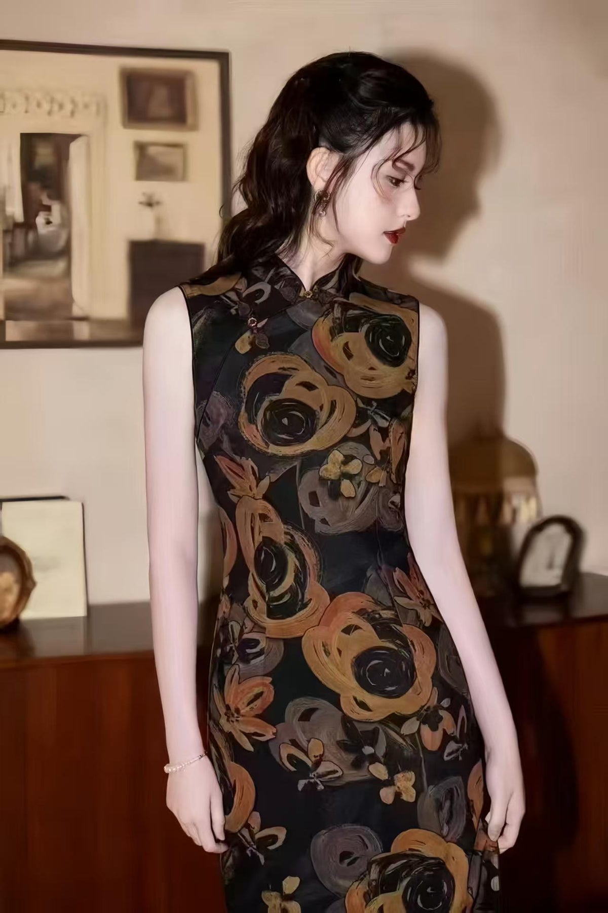 Women's Black Floral Qipao Cheongsam Dress