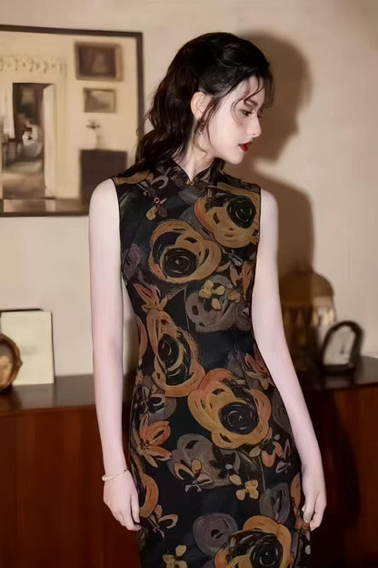 Women's Black Floral Qipao Cheongsam Dress
