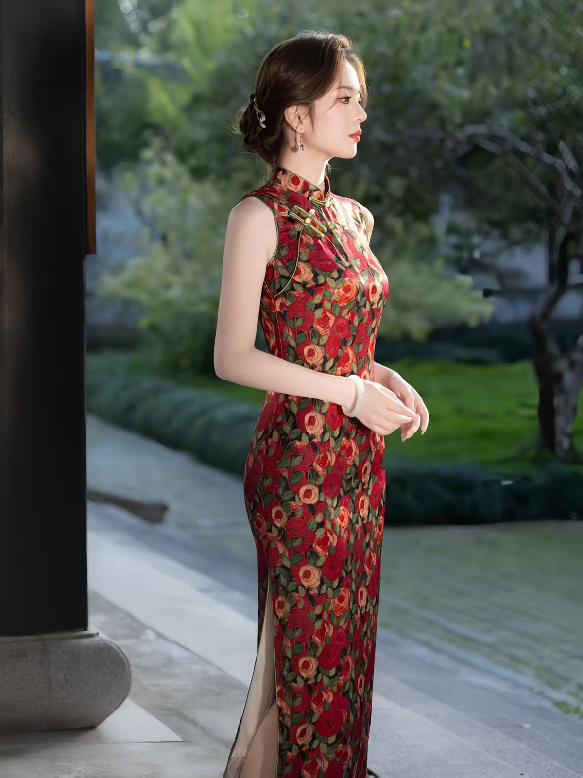 Women's Red Floral Qipao Cheongsam Dress – additional product view
