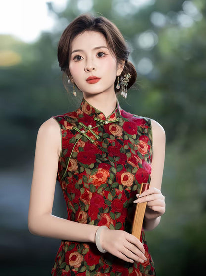 Women's Red Floral Qipao Cheongsam Dress – additional product view