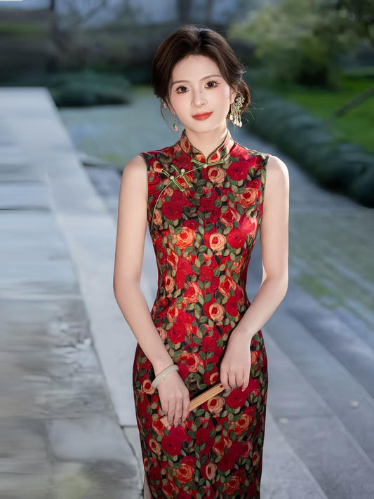 Women's Red Floral Qipao Cheongsam Dress