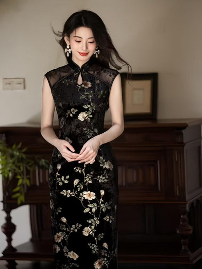 Women's Black Floral Velvet Qipao Cheongsam Dress